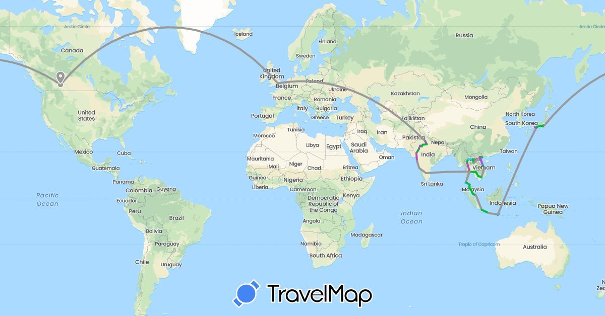 TravelMap itinerary: driving, bus, plane, train, boat in Canada, United Kingdom, Indonesia, India, Japan, Cambodia, Laos, Malaysia, Singapore, Thailand, Vietnam (Asia, Europe, North America)